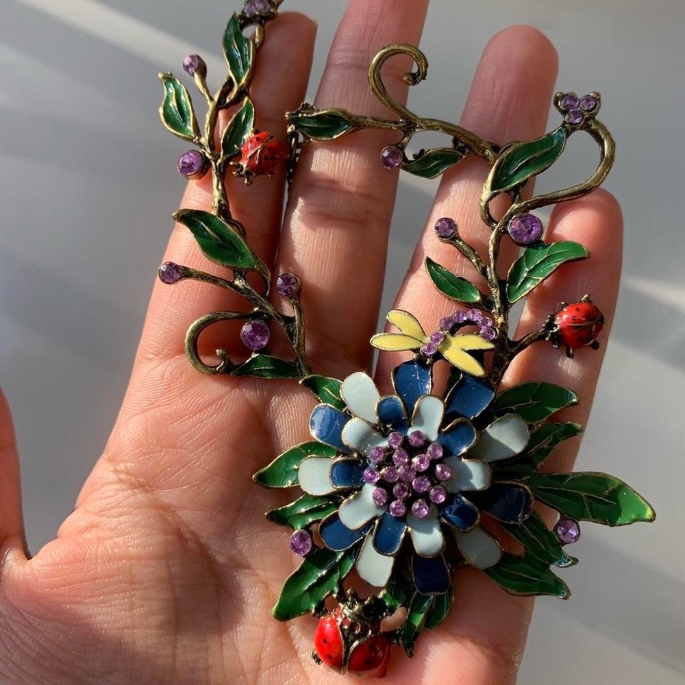 Fairy Enamel Statement Necklace in Green, Blue & Purple lady bug dragonfly y2k - Picture 8 of 8